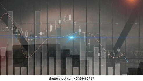 Image of statistics and financial data processing over cityscape. Global finance, business, connections, computing and data processing concept digitally generated image.