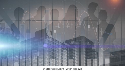 Image of statistics and financial data processing over businesspeople and cityscape. Global finance, business, connections, computing and data processing concept digitally generated image.