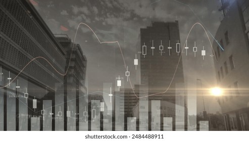 Image of statistics and financial data processing over cityscape. Global finance, business, connections, computing and data processing concept digitally generated image.