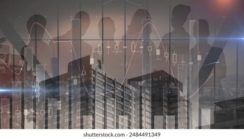 Image of statistics and financial data processing over businesspeople and cityscape. Global finance, business, connections, computing and data processing concept digitally generated image.