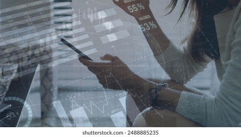 Image of statistics and financial data processing over worried caucasian woman using smartphone. Global business, connections, networks and data processing concept digitally generated image. - Powered by Shutterstock