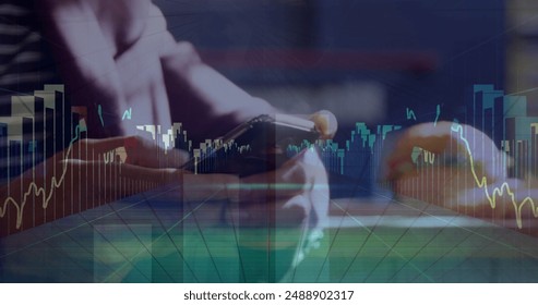 Image of statistics and financial data processing over caucasian man using smartphone. Global business, connections, networks and data processing concept digitally generated image.