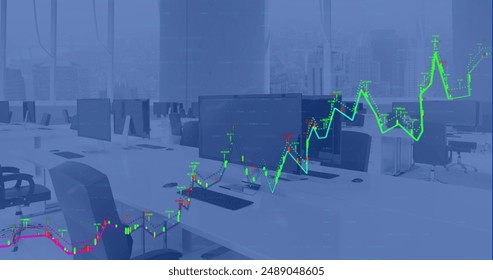 Image of statistics and financial data processing over modern office. Global business, finances, computing, networks and data processing concept digitally generated image.