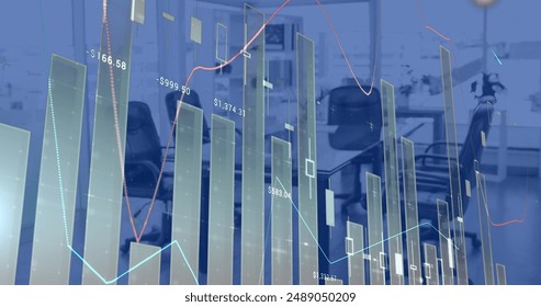 Image of statistics and financial data processing over modern office. Global business, finances, computing, networks and data processing concept digitally generated image.