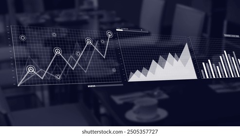 Image of statistics and financial data processing over office. Global business, connections, computing and data processing concept digitally generated image. - Powered by Shutterstock - Get 15% off with code: PIKWIZARD15