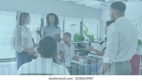 Image of statistics and financial data processing over business people discussing in office. Global business, finance, computing and data processing concept digitally generated image. - Powered by Shutterstock - Get 15% off with code: PIKWIZARD15