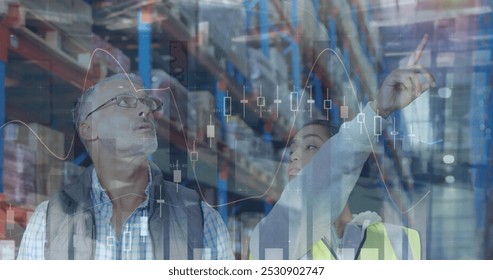 Image of statistics and financial data processing over man and woman working in warehouse. global shipping and connections concept digitally generated image.