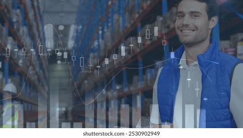 Image of statistics and financial data processing over man working in warehouse. global shipping and connections concept digitally generated image. - Powered by Shutterstock - Get 15% off with code: PIKWIZARD15