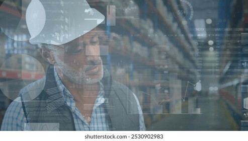 Image of statistics and financial data processing over man working in warehouse. global shipping and connections concept digitally generated image.