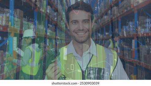 Image of statistics and financial data processing over man working in warehouse. global shipping and connections concept digitally generated image.