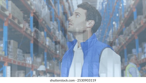 Image of statistics and financial data processing over man working in warehouse. global shipping and connections concept digitally generated image. - Powered by Shutterstock