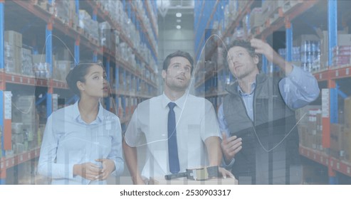 Image of statistics and financial data processing over men and woman working in warehouse. global shipping and connections concept digitally generated image. - Powered by Shutterstock