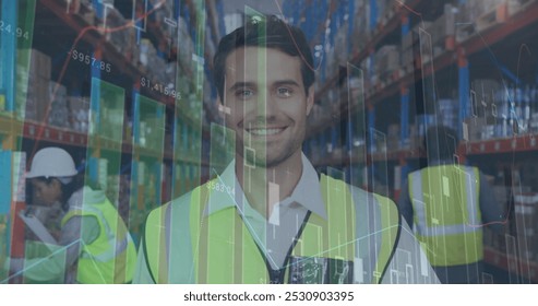 Image of statistics and financial data processing over man working in warehouse. global shipping and connections concept digitally generated image.