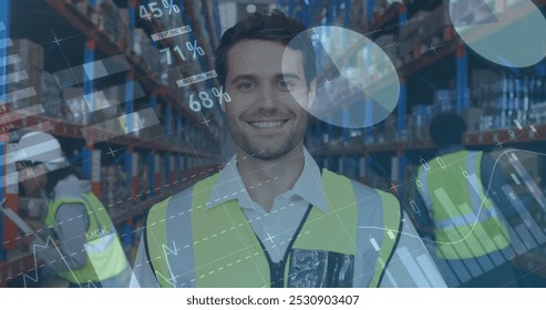 Image of statistics and financial data processing over man and woman working in warehouse. global shipping and connections concept digitally generated image.