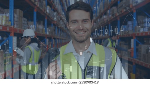 Image of statistics and financial data processing over man and woman working in warehouse. global shipping and connections concept digitally generated image.