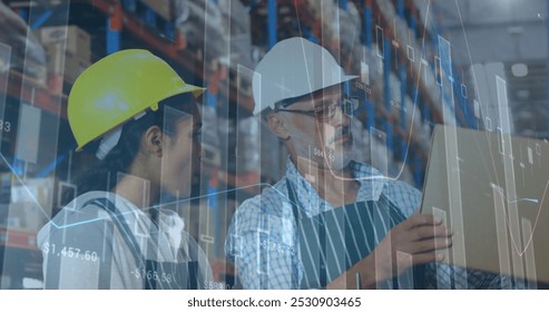 Image of statistics and financial data processing over man and woman working in warehouse. global shipping and connections concept digitally generated image.