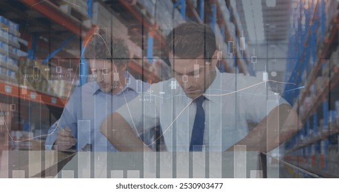 Image of statistics and financial data processing over men working in warehouse. global shipping and connections concept digitally generated image.