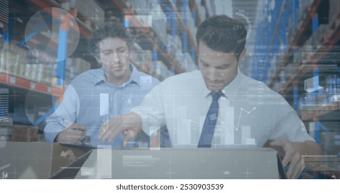 Image of statistics and financial data processing over men working in warehouse. global shipping and connections concept digitally generated image.