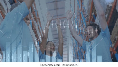 Image of statistics and financial data processing over men and woman hand stacking in warehouse. global shipping and connections concept digitally generated image.