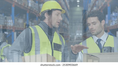 Image of statistics and financial data processing over men working in warehouse. global shipping and connections concept digitally generated image.