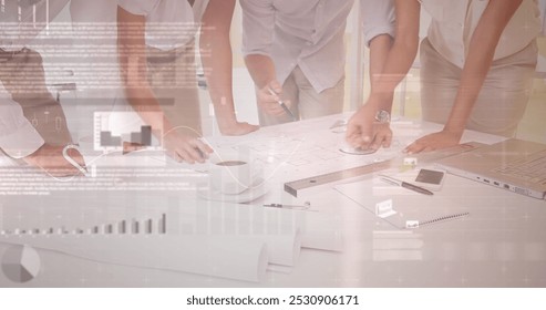 Image of statistics and financial data processing over business people in meeting. global business, connections and data processing concept digitally generated image.