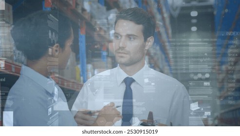 Image of statistics and financial data processing over man and woman working in warehouse. global shipping and connections concept digitally generated image. - Powered by Shutterstock