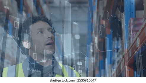 Image of statistics and financial data processing over man working in warehouse. global shipping and connections concept digitally generated image. - Powered by Shutterstock