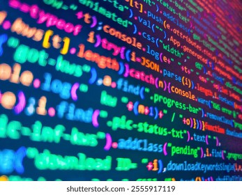 Image of statistics and financial data processing over black background. Software code or script  abstract background with numbers. Binary code computer language data transfers. Blue php.