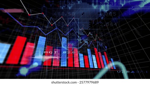 Image of statistics and financial data processing over black background. Global finance, business, connections, computing and data processing concept digitally generated image.