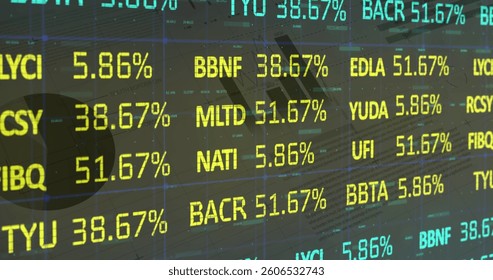 Image of statistics and financial data processing. global finances, business, digital interface and technology concept digitally generated image.