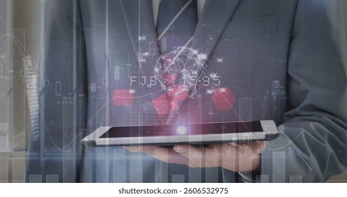 Image of statistics and financial data processing over businessman using tablet. global finances, business, digital interface and technology concept digitally generated image. - Powered by Shutterstock - Get 15% off with code: PIKWIZARD15
