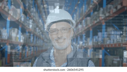 Image of statistics and financial data processing over man working in warehouse. global shipping and connections concept digitally generated image.