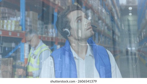 Image of statistics and financial data processing over man working in warehouse. global shipping and connections concept digitally generated image.