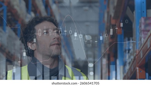 Image of statistics and financial data processing over man working in warehouse. global shipping and connections concept digitally generated image. - Powered by Shutterstock - Get 15% off with code: PIKWIZARD15