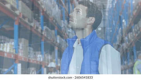 Image of statistics and financial data processing over man working in warehouse. global shipping and connections concept digitally generated image. - Powered by Shutterstock - Get 15% off with code: PIKWIZARD15