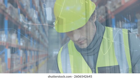 Image of statistics and financial data processing over man working in warehouse. global shipping and connections concept digitally generated image.