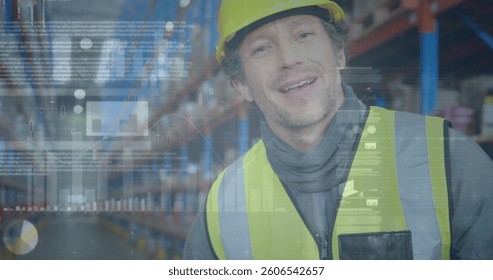 Image of statistics and financial data processing over man working in warehouse. global shipping and connections concept digitally generated image.