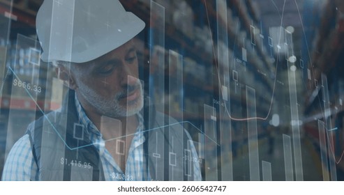 Image of statistics and financial data processing over man working in warehouse. global shipping and connections concept digitally generated image.