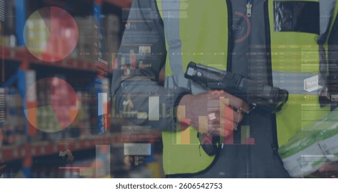 Image of statistics and financial data processing over man working in warehouse. global shipping and connections concept digitally generated image.