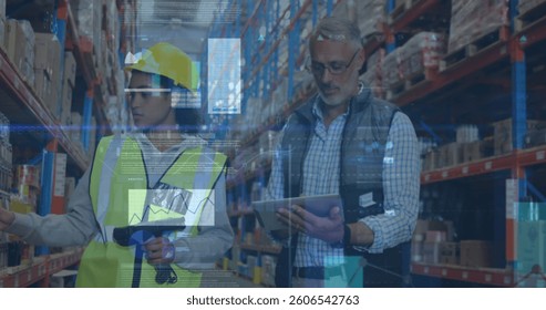 Image of statistics and financial data processing over man and woman working in warehouse. global shipping and connections concept digitally generated image.
