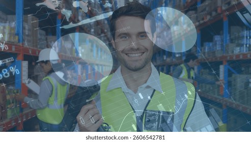 Image of statistics and financial data processing over man and woman working in warehouse. global shipping and connections concept digitally generated image.