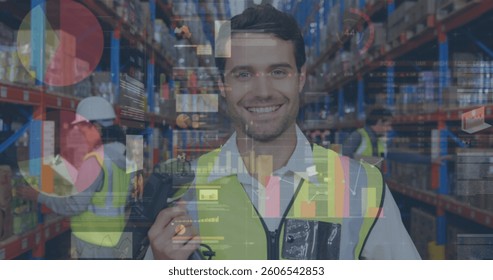 Image of statistics and financial data processing over man working in warehouse. global shipping and connections concept digitally generated image. - Powered by Shutterstock - Get 15% off with code: PIKWIZARD15