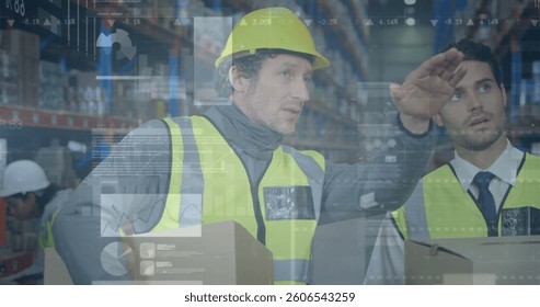 Image of statistics and financial data processing over men working in warehouse. global shipping and connections concept digitally generated image.