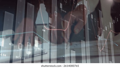 Image of statistics and financial data processing over business people in meeting. global business, connections and data processing concept digitally generated image. - Powered by Shutterstock - Get 15% off with code: PIKWIZARD15