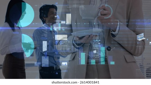 Image of statistics and financial data processing over business people in meeting. global business, connections and data processing concept digitally generated image.