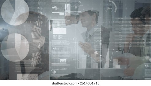Image of statistics and financial data processing over architects with plans in meeting. global architecture, business and data processing concept digitally generated image.