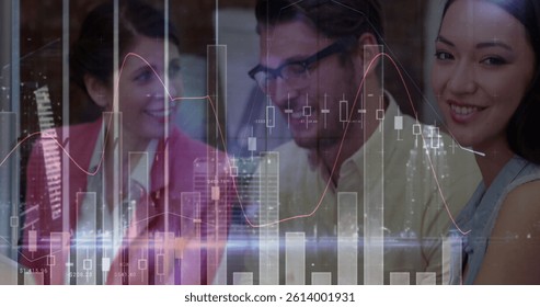 Image of statistics and financial data processing over business people in meeting. global business, connections and data processing concept digitally generated image.