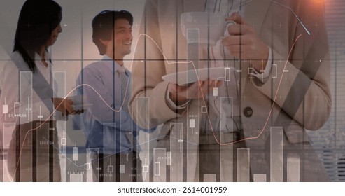 Image of statistics and financial data processing over business people in meeting. global business and data processing concept digitally generated image.