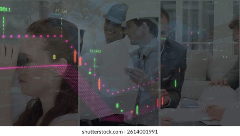 Image of statistics and financial data processing over architects with plans in meeting. global architecture, business and data processing concept digitally generated image.