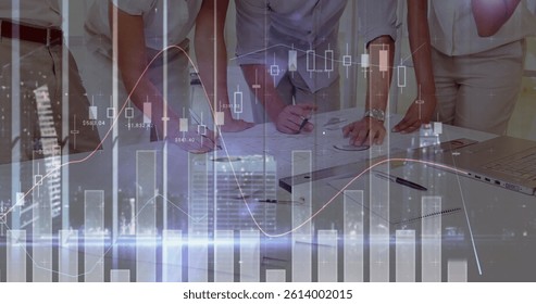 Image of statistics and financial data processing over business people in meeting. global business, connections and data processing concept digitally generated image.